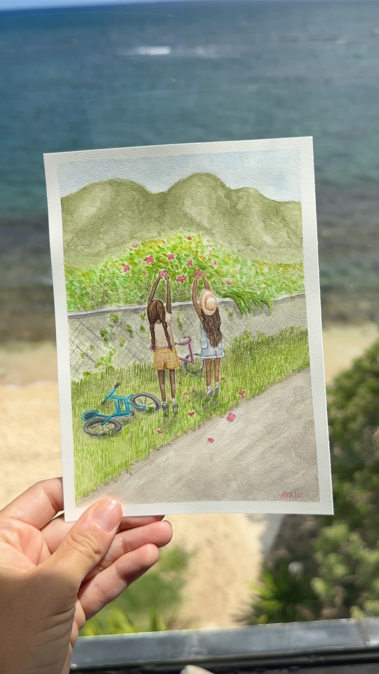 Waialua Beach Road Girls Picking Pua Print