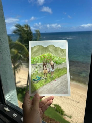 Waialua Beach Road Girls Picking Pua Print